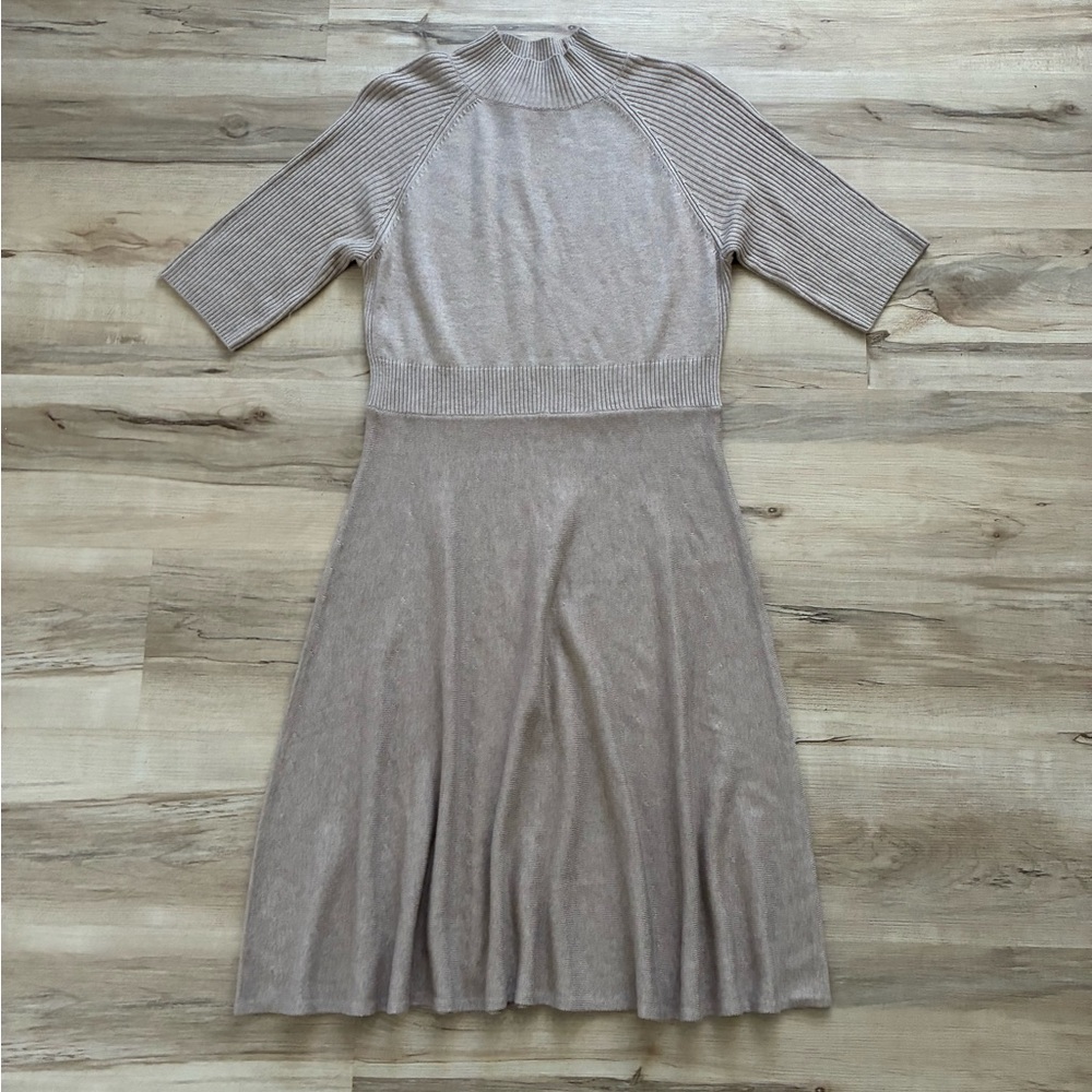 Magaschoni 5% Cashmere Blend Taupe Knit Sweater Midi Dress with Mock Neck